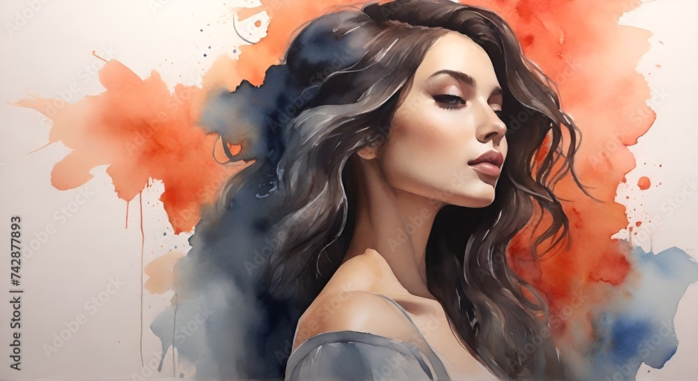 Portrait of a beautiful young woman with long hair and  colorful watercolor explosion in the background, abstract patterns, AI generated