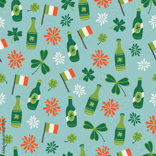 St.Patrick's Day seamless pattern with flags, beer bottles, shamrocks