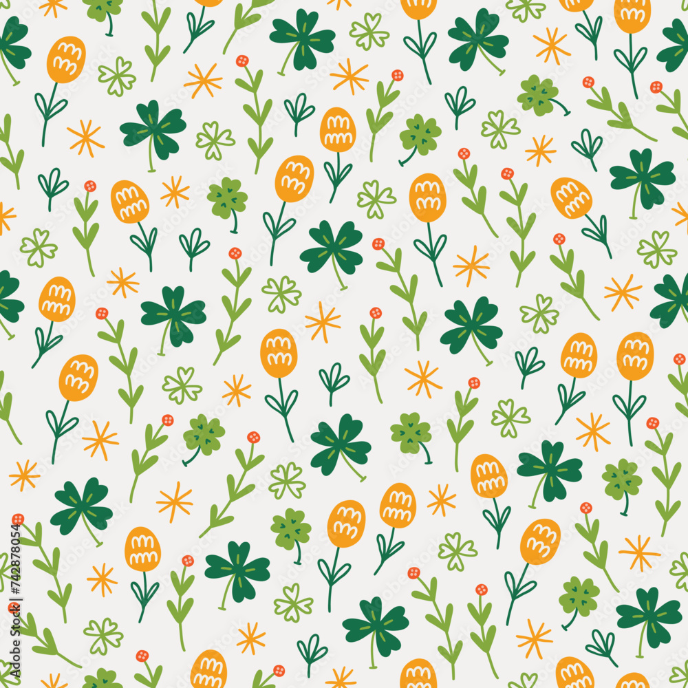 St.Patrick's Day seamless pattern with flowers, stars, quatrefoil, shamrocks St.Patrick's Day seamless pattern with flowers, stars, quatrefoil, shamrocks