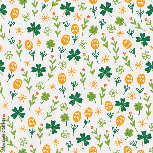 St.Patrick's Day seamless pattern with flowers, stars, quatrefoil, shamrocks