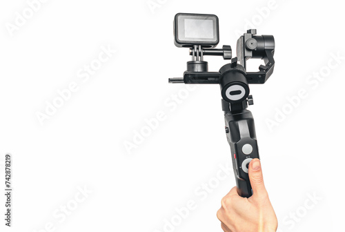Stabilizer for smartphones, action cameras. Shooting videos and photos with balanced, calm movement.
