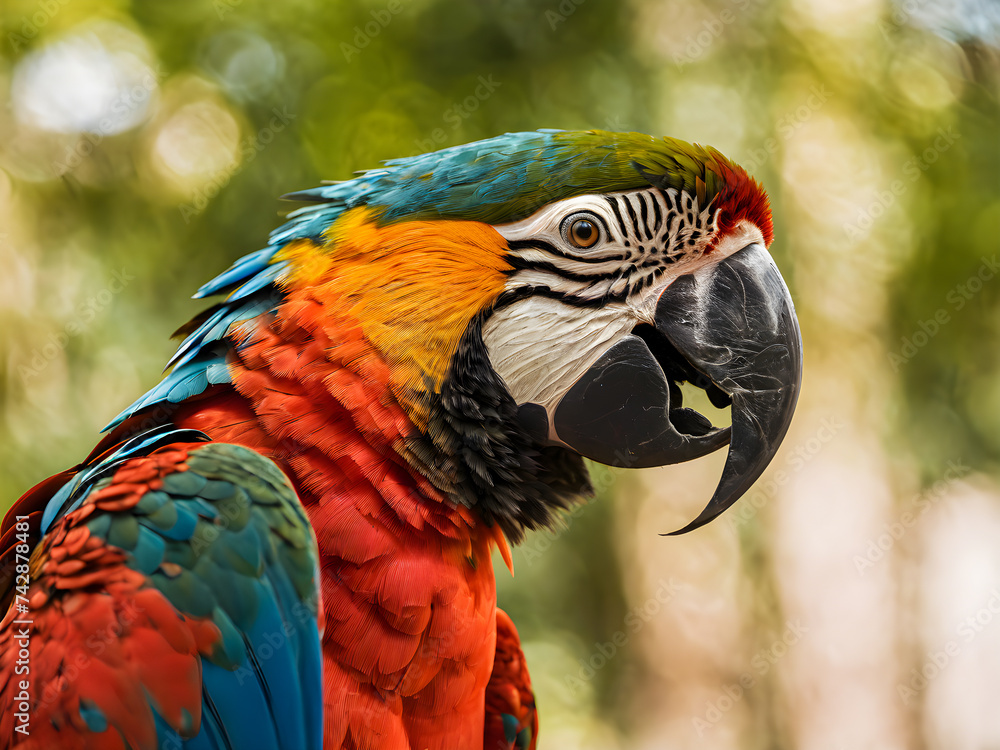 Macaw parrot portrait with bokeh background