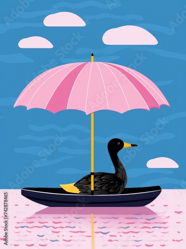 A duck is peacefully floating on top of a boat under a pink umbrella.