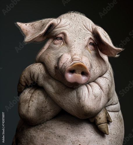 Mr pinky Pig  a portrait of a cute pig animal in proud pose  studio light  isolated background 