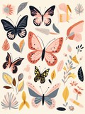 Multiple colorful butterflies gathered together on a plain white background, showcasing their vibrant wings and delicate features.