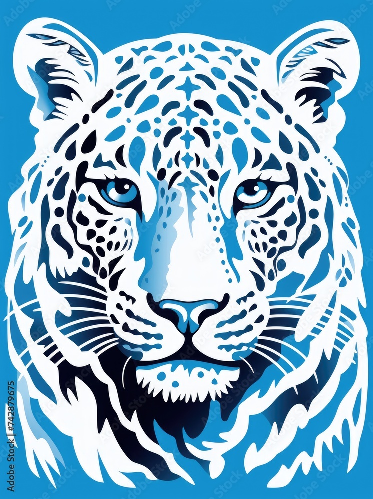 Fototapeta A striking white tiger with piercing blue eyes is featured against a vibrant blue backdrop, showcasing its powerful and captivating presence.