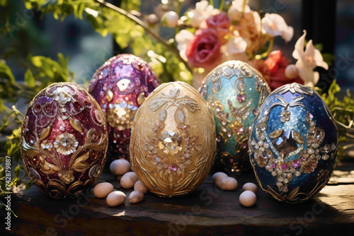 Enchanting Easter eggs embellished with sparkling sequins and shimmering beads, radiating with the magic of the holiday season.