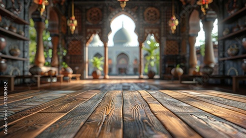 Perspective wood floor and blurred mosque background with bokeh