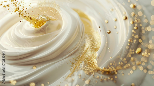 Macro gold powder on swirled cream luxury background.