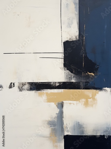 An abstract painting featuring stark contrasts of black, white, and blue colors, creating a dynamic and visually striking composition.
