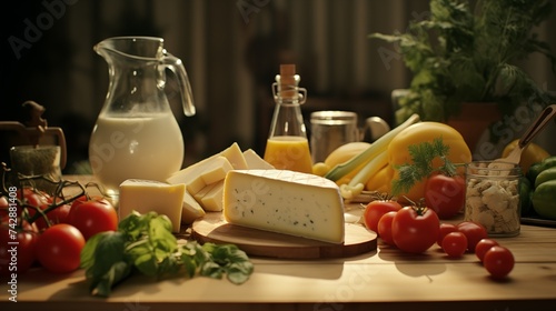 Rustic still life with dairy products and vegetables on wooden table