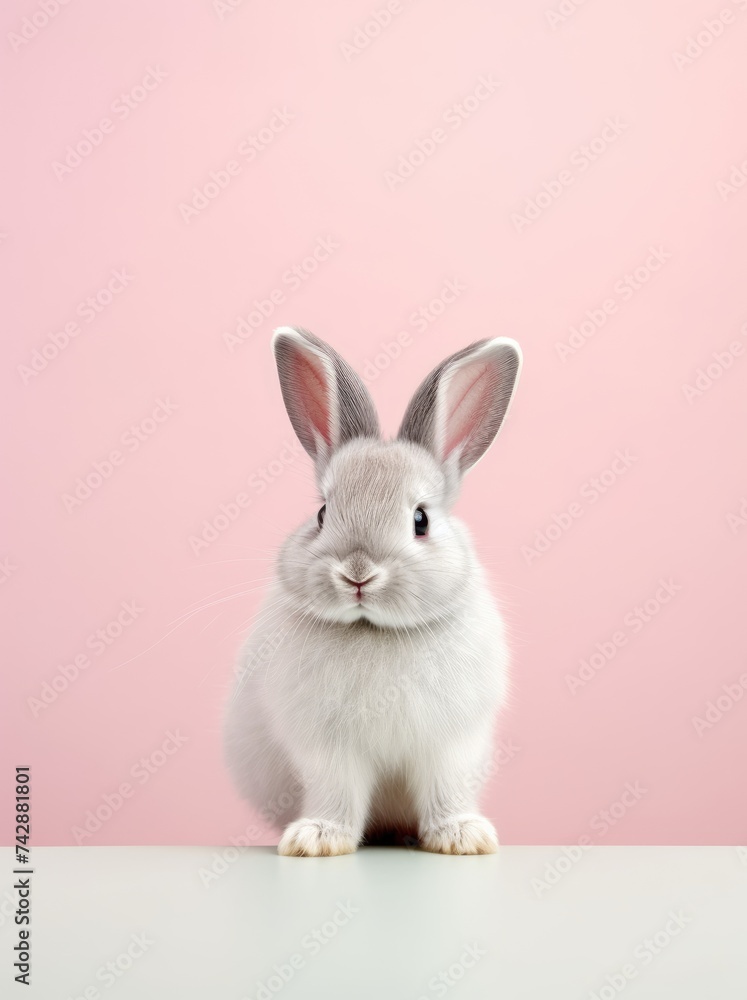 Fototapeta premium A white rabbit sits atop a wooden table, its ears perked up as if listening attentively.