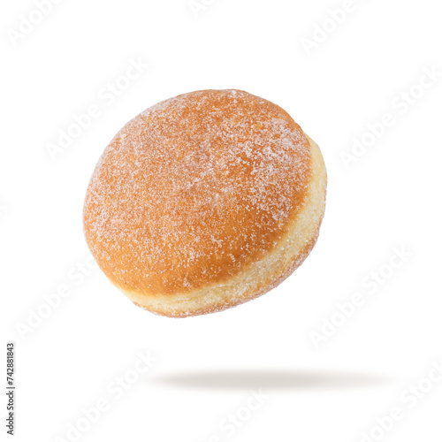 Single fresh baked donut sprinkled with sugar powder flying isolated on white background.