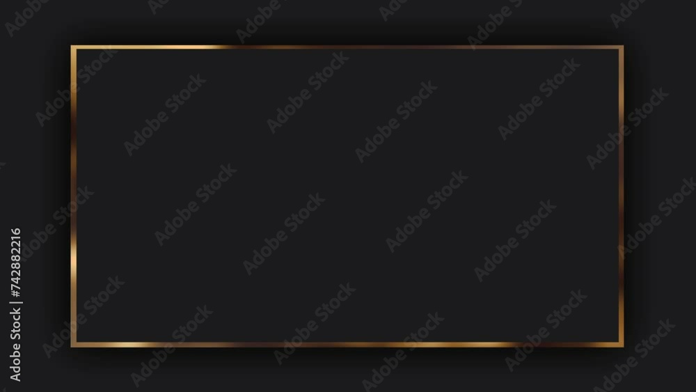 On a dark grey background, a dark grey rectangle frame with a gold border, free space for text and product advertising. Animation of a luxury frame in a minimalism style. On a dark grey background, a dark grey rectangle frame with a gold border, free space for text and product advertising. Animation of a luxury frame in a minimalism style.