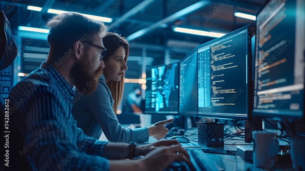 Two Professionals Collaborating on Computers in a Modern Workspace
