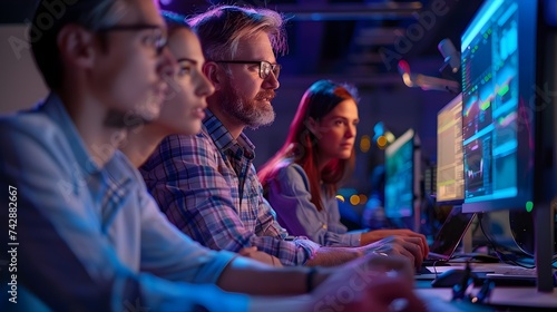 Group of Professionals Collaborating at Computer Screens with Glowing Lights