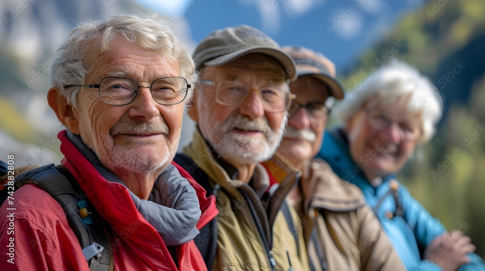 Senior Citizens Hiking in the Mountains A Group of Smiling Elderly Friends Enjoying Outdoor Adventure Senior Citizens Hiking in the Mountains A Group of Smiling Elderly Friends Enjoying Outdoor Adventure
