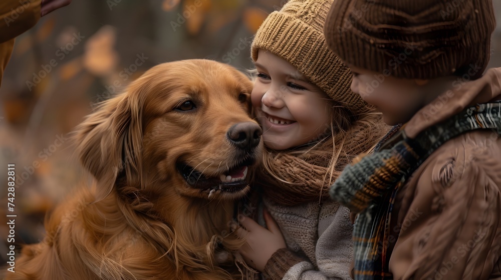 Children Hugging and Playing with their Dog in Autumn