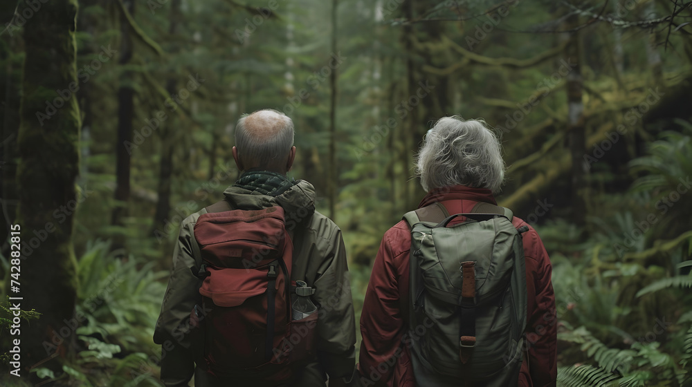 Elderly Couple Hiking in Lush Forest