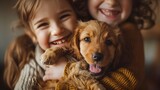Little Girls Smiling and Hugging their Brown Puppy