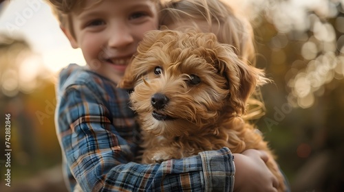 Child and Puppy Hugging in the Backyard at Sunset
