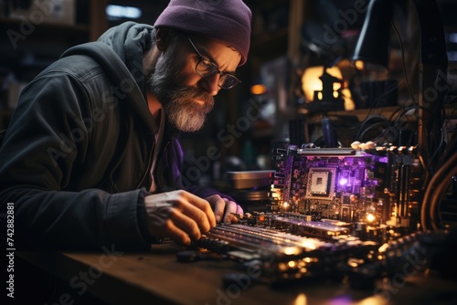 Technician repairing a laptop in the lab. Concept of repair computer, electronic, upgrade, technology. Focused man at a desk repairing a computer motherboard, surrounded by electronic components