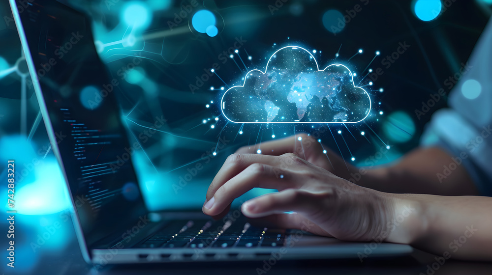 man use Laptop with cloud computing diagram show on hand.Networking and internet service concept. man use Laptop with cloud computing diagram show on hand.Networking and internet service concept.