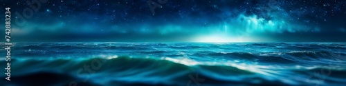 Abstract colorful illustration of night sea on dark blurred background for social media banner, website and for your design, space for text.