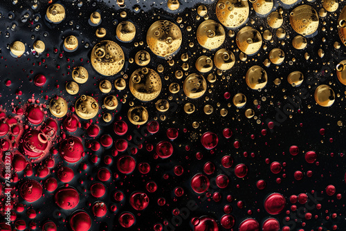 Black texture with porous gold and red circles photo