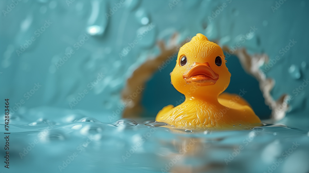 Yellow rubber duck swims in a pool with water drops on a blue background Yellow rubber duck swims in a pool with water drops on a blue background