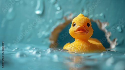 Yellow rubber duck swims in a pool with water drops on a blue background