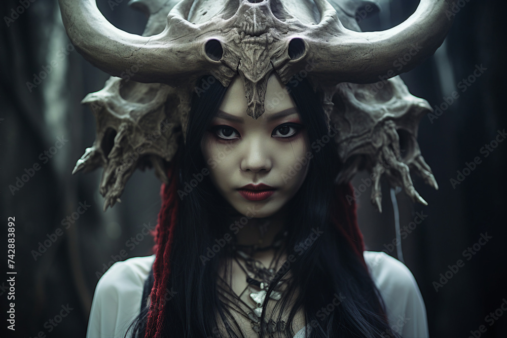 Digital creative collage generative ai image od dark witch with beast skull doing black magic - obrazy, fototapety, plakaty 
