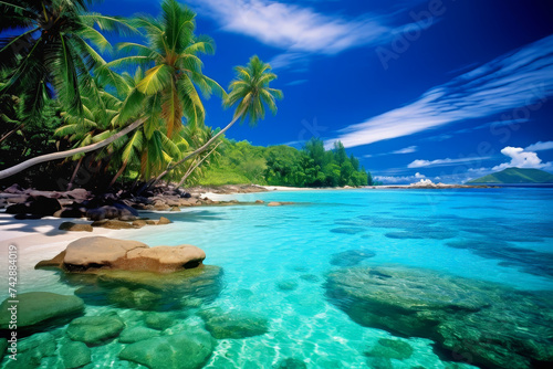 Exotic Beach With Palm Trees And Clear Cyan Water And Dramatic Blue Sky. Ai Generated 