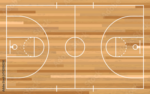 Basketball court floor with line on wood texture background. Vector illustration. Basketball Court Flat Vector Icon.