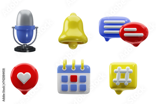 3D glossy realistic podcast icon set. Vector social media concept. Broadcasts, interviews voice recording concept. Instrumentation for presentations. Microphone, bell, calendar, hash, like and bubbles