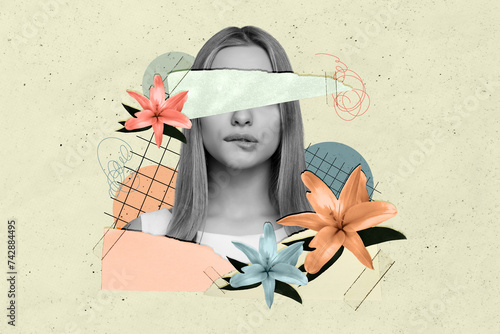 Unusual portrait collage artwork of beautiful lady shy bite lips incognito with lily flowers decoration isolated on green color background