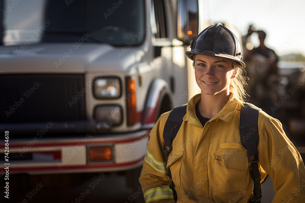 A female firefighter after a service looking at the camera with overalls and a fire truck in the background A female firefighter after a service looking at the camera with overalls and a fire truck in the background
