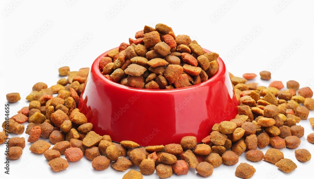 Dry pet food in red plastic bowl isolated on white background. Animal nutrition Dry pet food in red plastic bowl isolated on white background. Animal nutrition