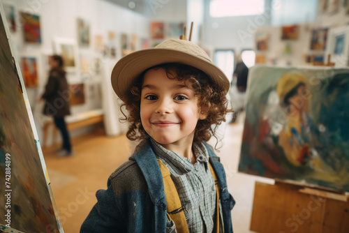 Little charming child drawing in an art studio classes at gallery generative AI