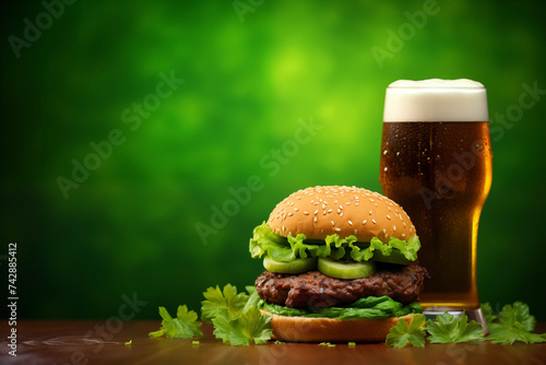 St. Patrick’s Day. Green burger background. Clover, shamrock. Card template. Banner.