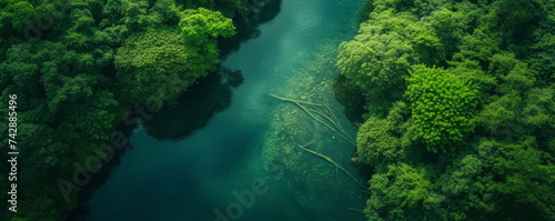 Aerial photo of a green forest with a river
