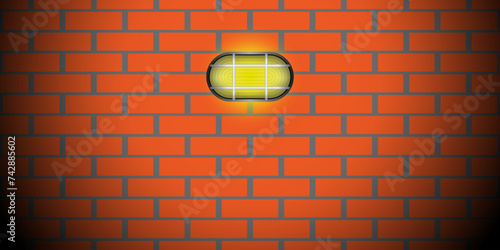 A bright yellow glowing lamp against a background of a wall of red bricks. Background for design, template, vector illustration