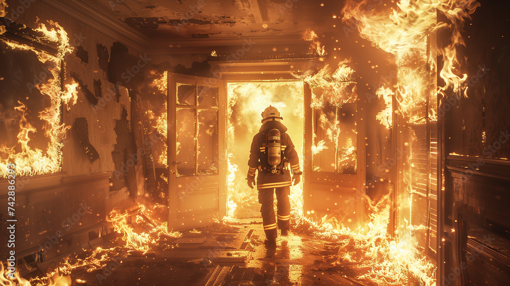 Firefighter walking through intense flames in a burning room