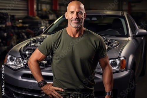 A bald smiling man to a mechanic on the background of a car being repaired © Aleksandr
