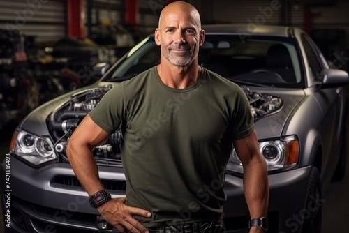 A bald smiling man to a mechanic on the background of a car being repaired