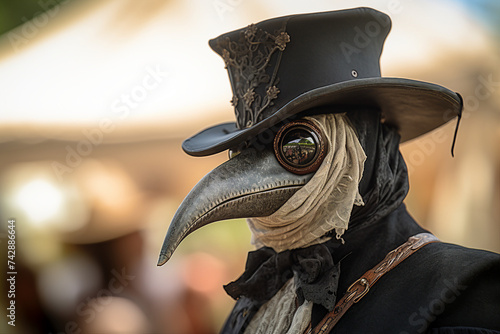 Digital creative generative ai collage of person wear plague doctor costume on historical event