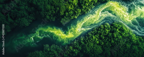 Aerial photo of a green forest with a river © PetrovMedia
