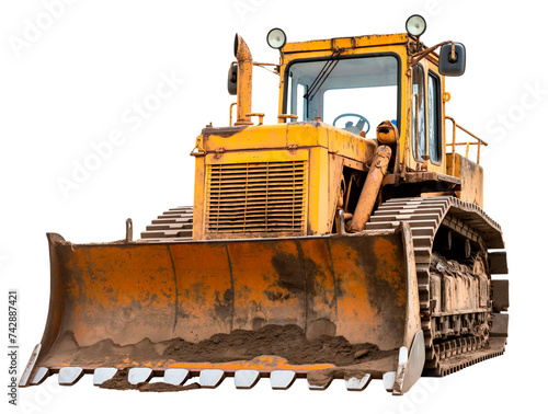 Heavy front loader or bulldozer, construction machinery. Transportation and movement of bulk materials. Large bucket for earth, sand and gravel. Isolated on a transparent background.