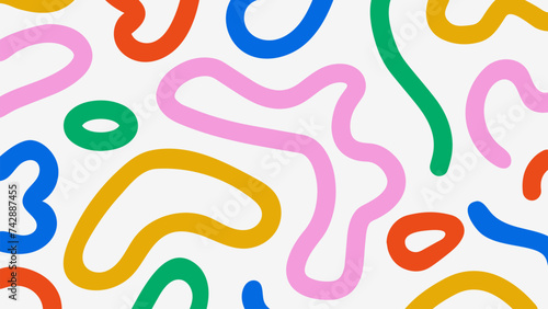 Fun doodle background with abstract figures and shapes in vivid rainbow colors. Colorful minimalistic vector design. Simple childish scribble backdrop. Pop art style.