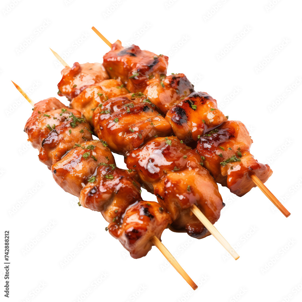 Succulent chicken meat on these yakitori. Delicious chicken pieces on skewers cooked on the grill.